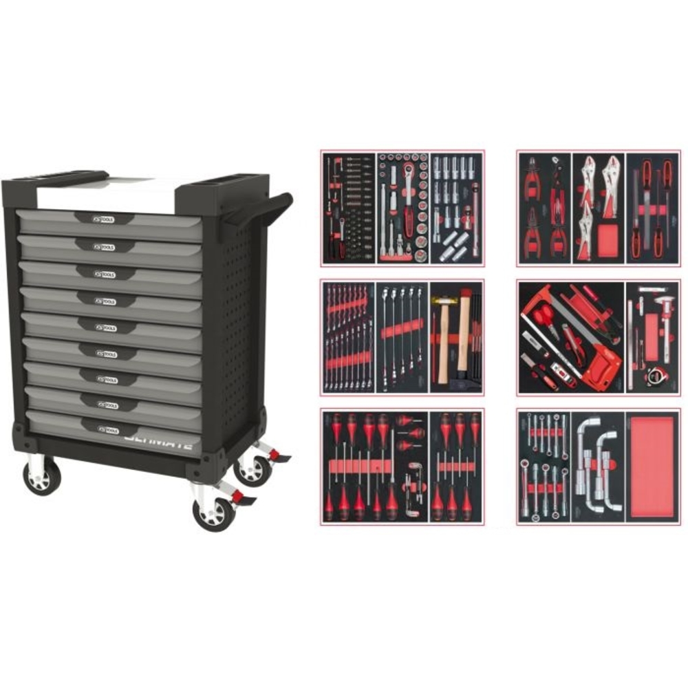Servante ULTIMATE grise et noire 9 tiroirs équipée de 202 outils KS TOOLS - 816.9202