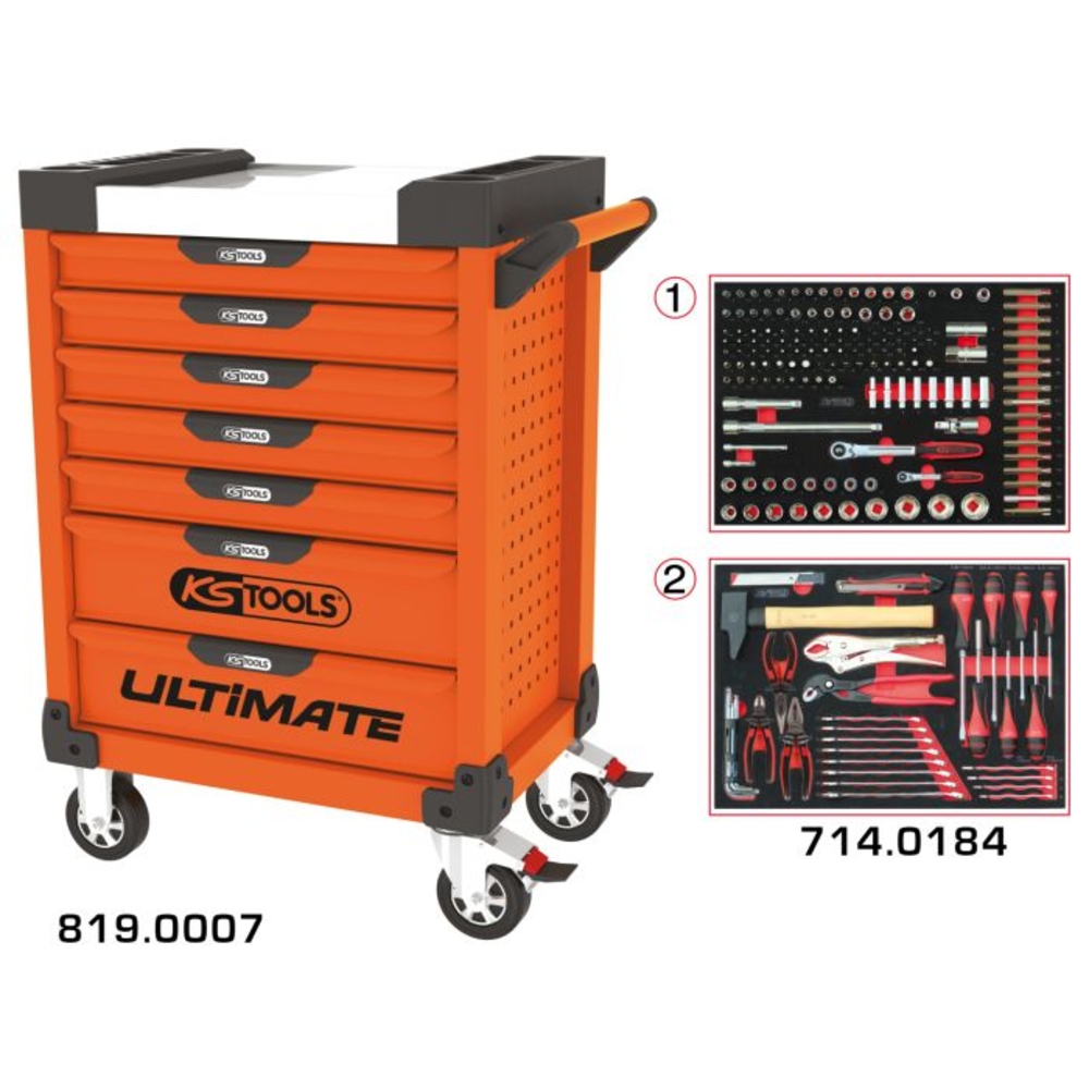 Servante ULTIMATE orange 7 tiroirs &eacute;quip&eacute;e de 184 outils KS TOOLS - 819.7184