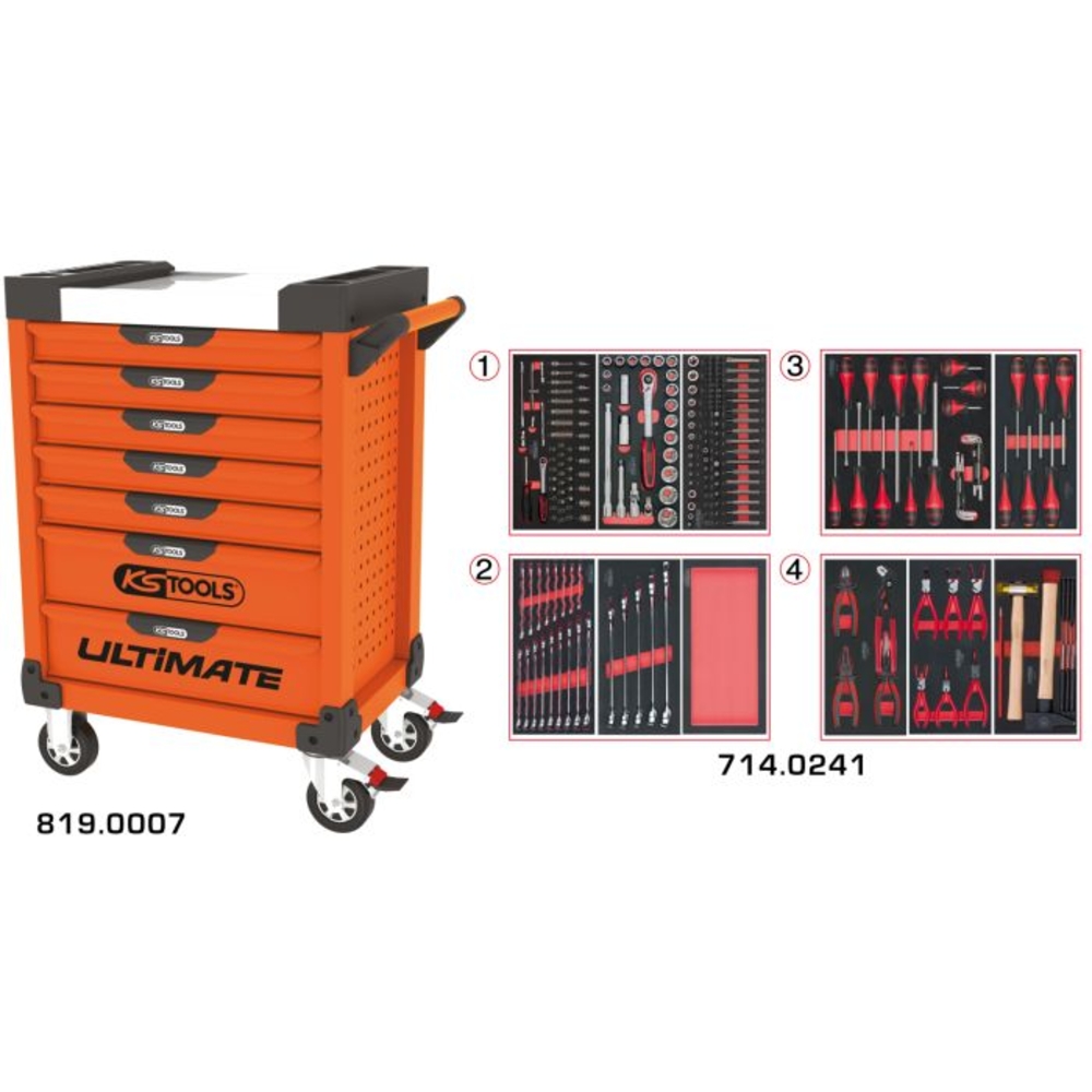 Servante ULTIMATE orange 7 tiroirs équipée de 241 outils KS TOOLS - 819.7241