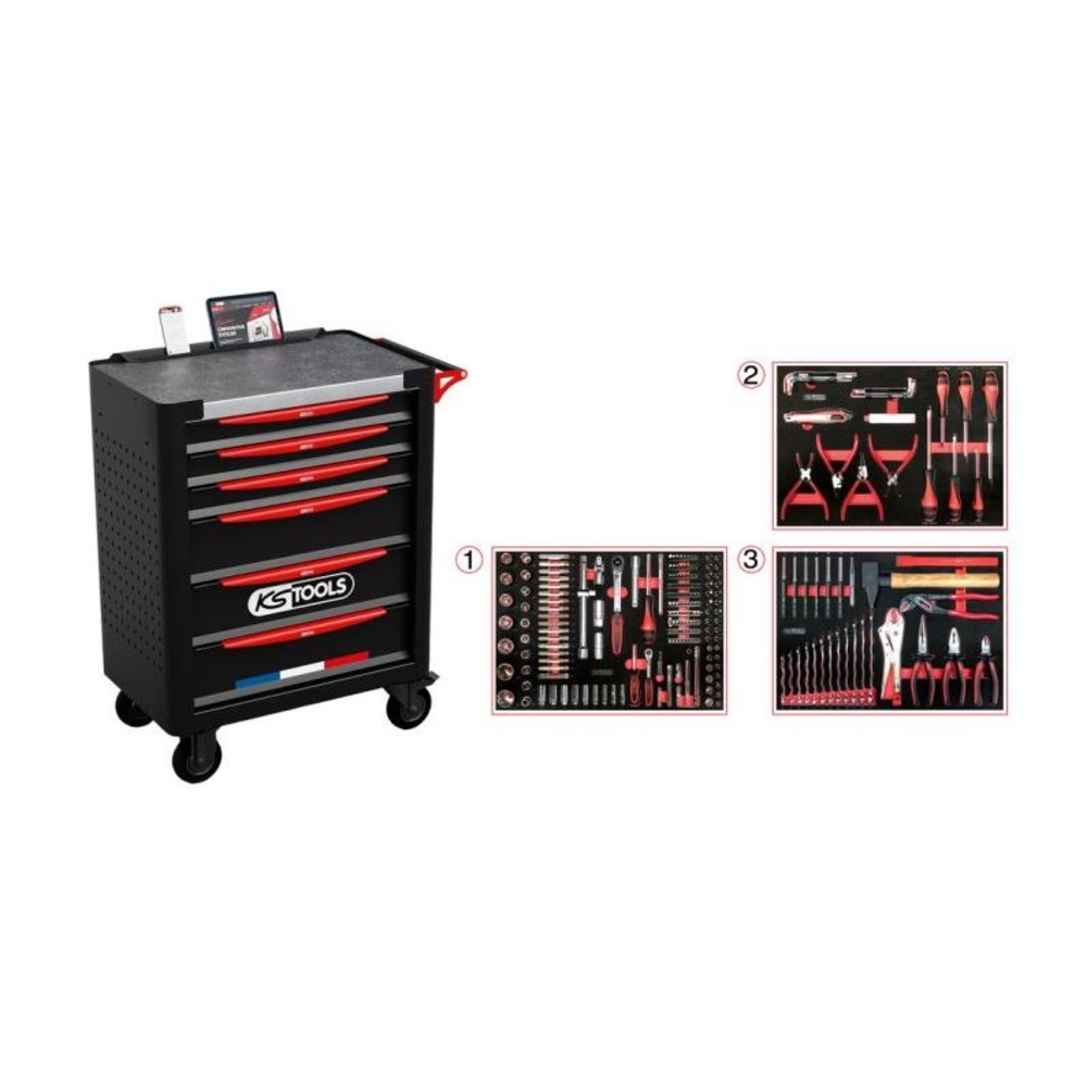 Servante d'atelier 6 tiroirs équipée avec 264 outils KS TOOLS - 824.6134F