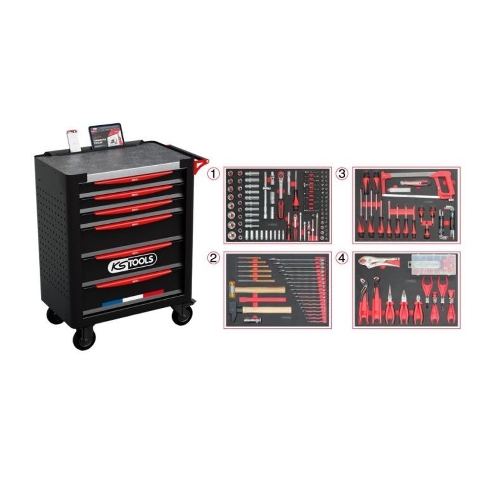 Servante d'atelier 6 tiroirs équipée avec 265 outils KS TOOLS - 824.6536F