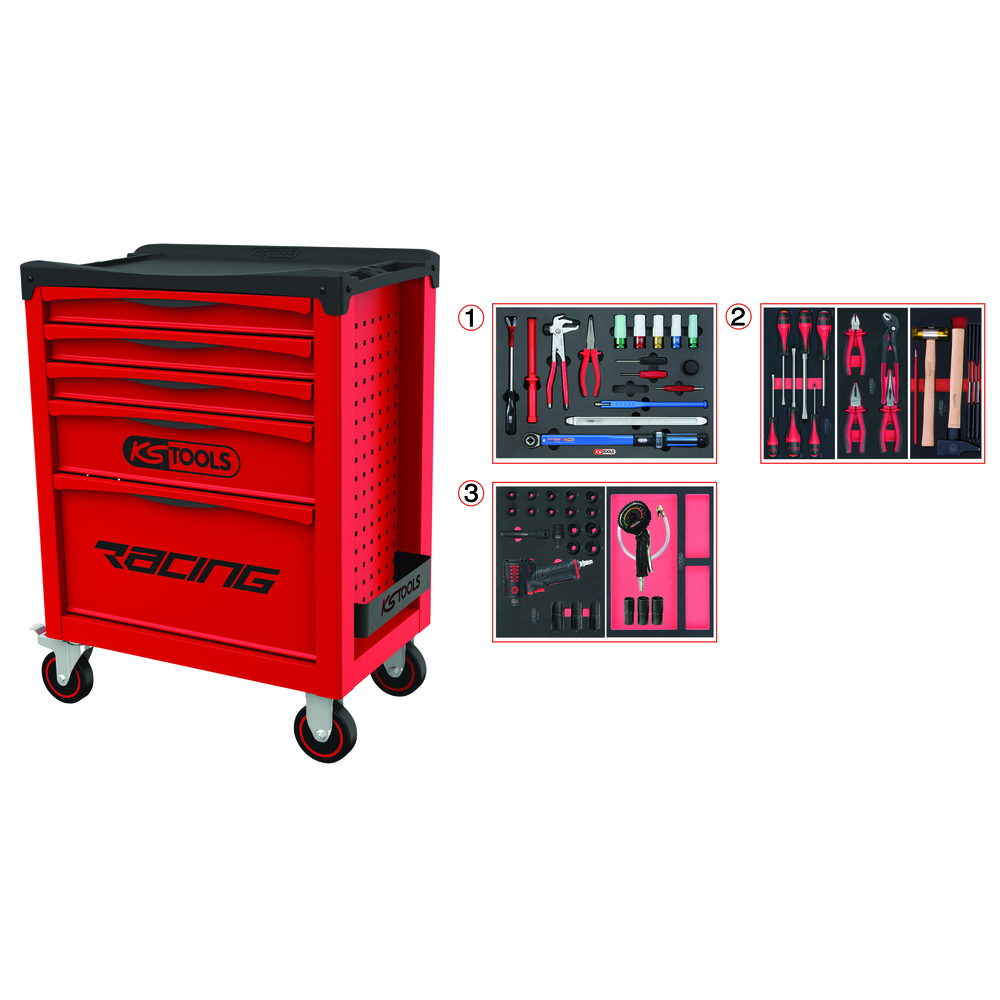 Servante RACING 5 tiroirs équipée de 60 outils - spéciale Roue KS TOOLS - 855.5060