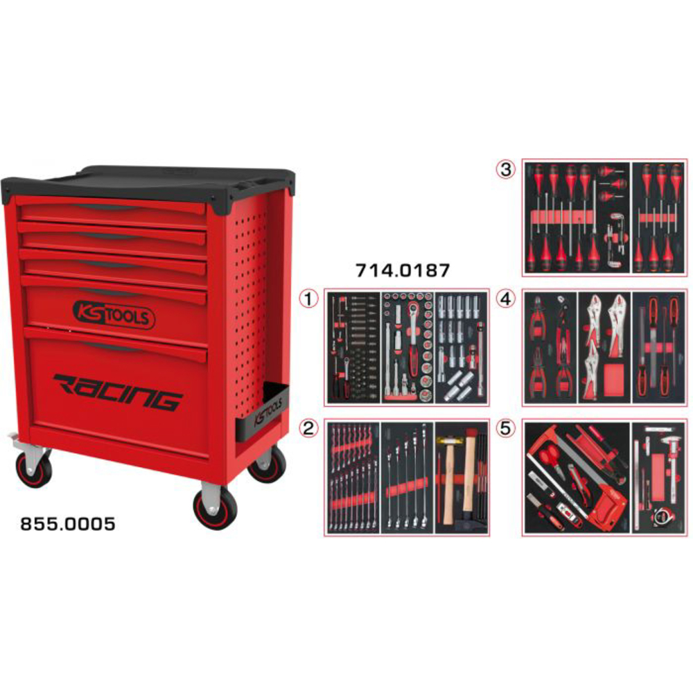 Servante RACING 5 tiroirs équipée de 187 outils KS TOOLS - 855.5186