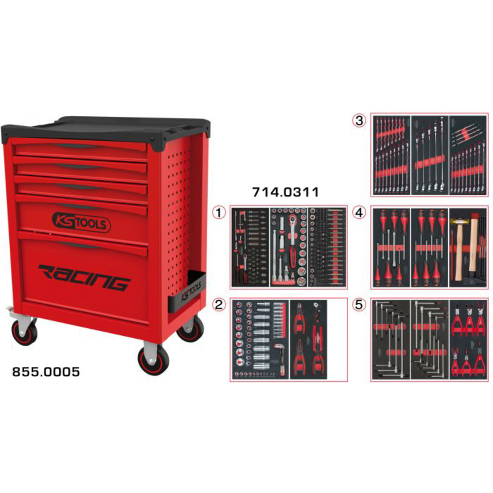 Servante RACING 5 tiroirs équipée de 311 outils KS TOOLS - 855.5311