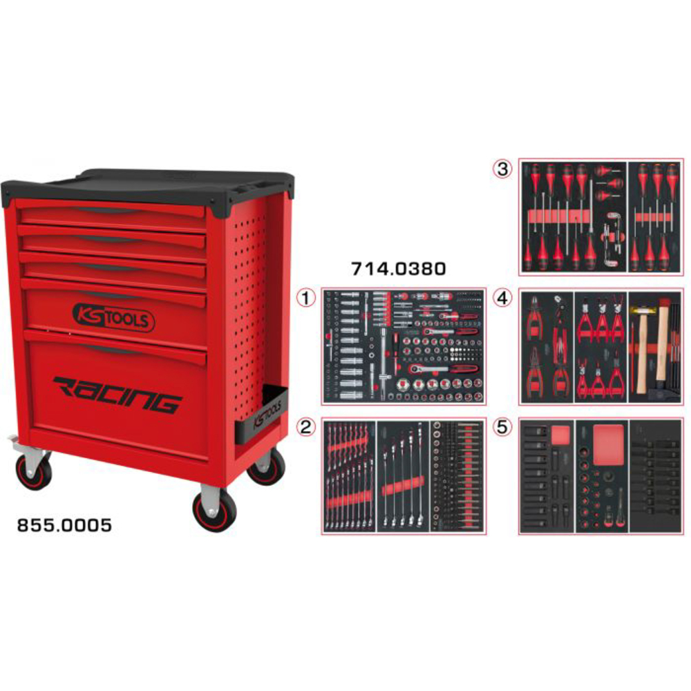 Servante RACING 5 tiroirs équipée de 384 outils KS TOOLS - 855.5380