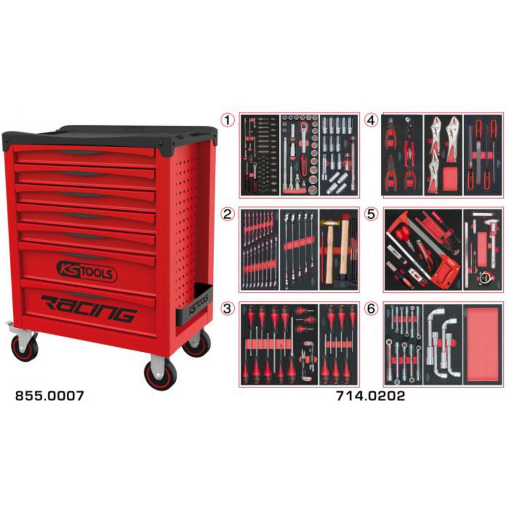 Servante RACING 7 tiroirs équipée de 202 outils KS TOOLS - 855.7202