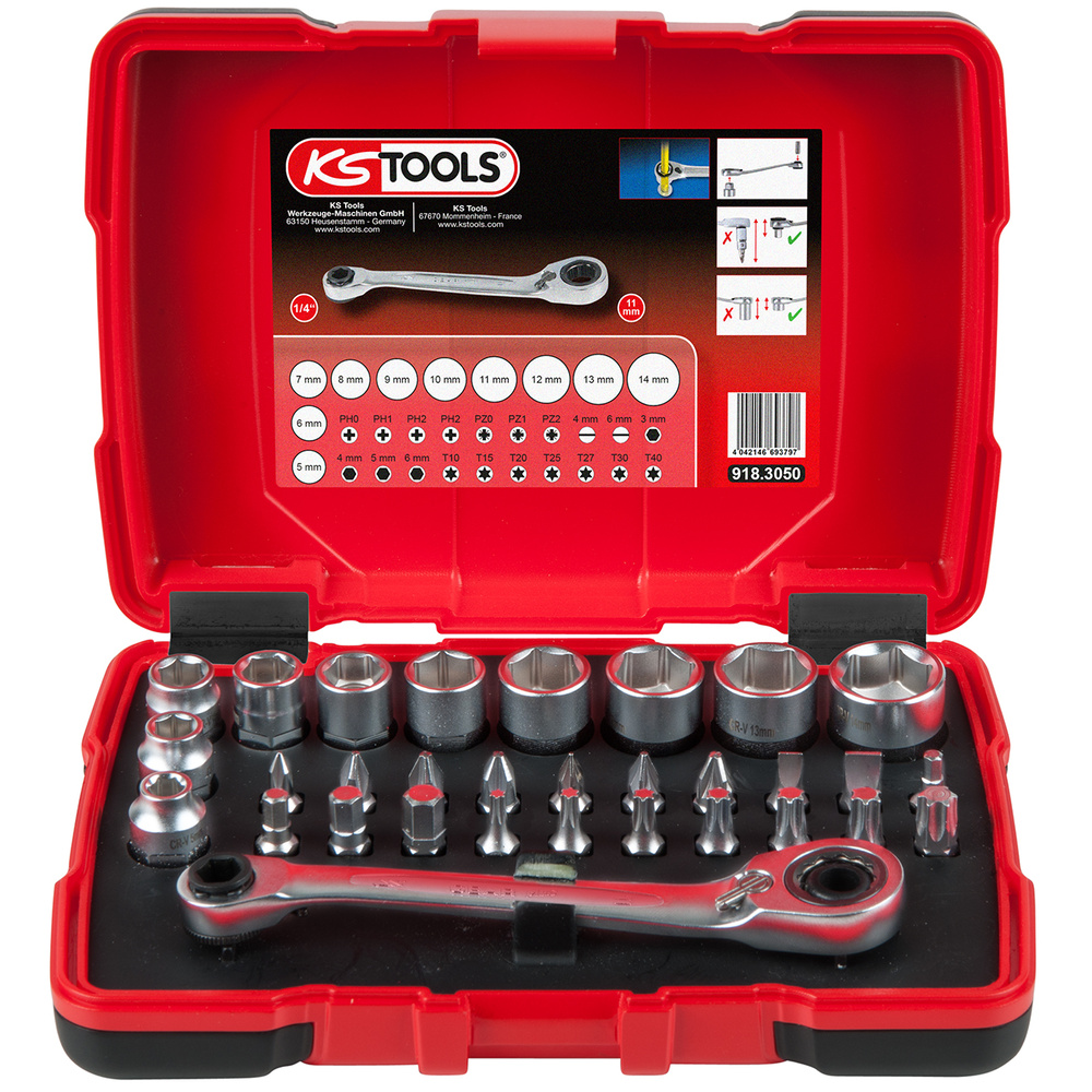 Coffret de douilles traversantes de 5 à 14mm et embouts de vissage 1/4 32pcs KS TOOLS - 918.3050
