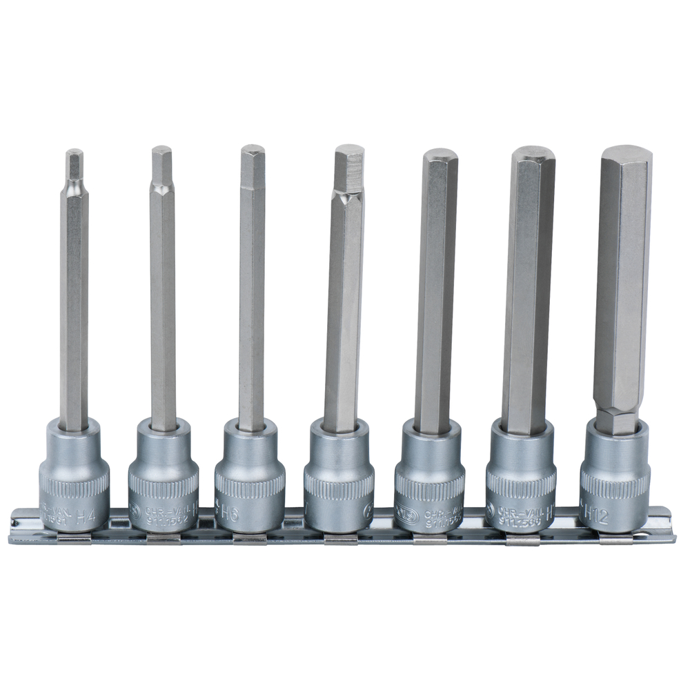 Rail de 7 douilles tournevis longues 6 pans 3/8