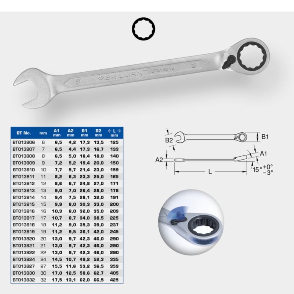 Clé mixte à cliquet réversible 16mm BRILLIANT TOOLS - KS TOOLS - BT013816