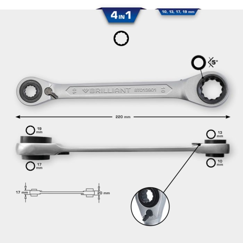 Clé polygonale à cliquet double 4 en 1, 10 x 13mm 17 x 19mm BRILLIANT TOOLS - KS TOOLS - BT013901