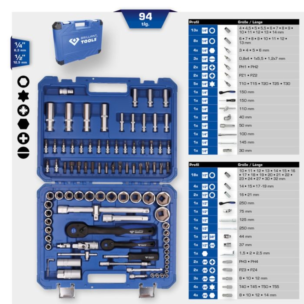 Coffret de douilles et cliquets 94 pcs BRILLIANT TOOLS - KS TOOLS - BT023094