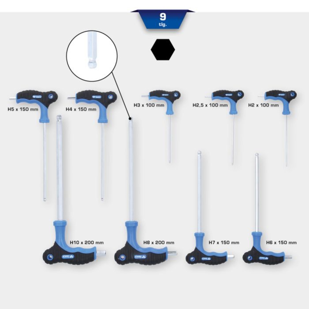 Jeu de clés mâles 6 pans tête sphérique à poignée en t 9 pcs BRILLIANT TOOLS - KS TOOLS - BT041100