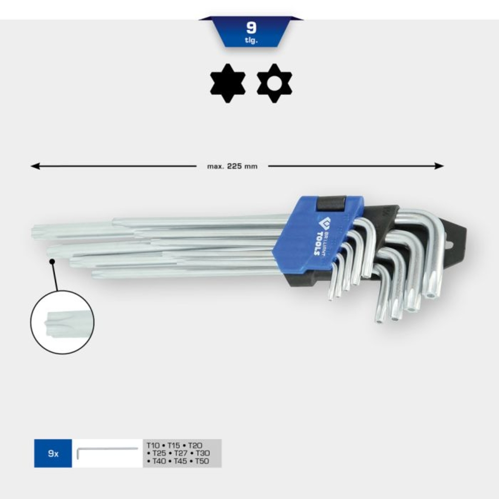 Jeu de clés males TORX longues 9 pcs BRILLIANT TOOLS - KS TOOLS - BT044019