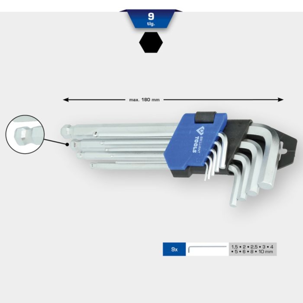 Jeu de clés 6 pans courtes à tête sphérique 9 pcs BRILLIANT TOOLS - KS TOOLS - BT045009