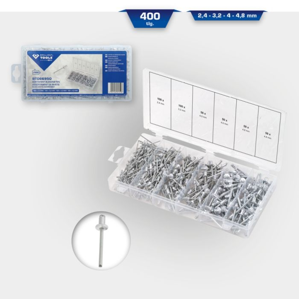 Assortiment de rivets aveugles 400 pcs 2,4-3,2-4-4,8mm BRILLIANT TOOLS - KS TOOLS - BT066950