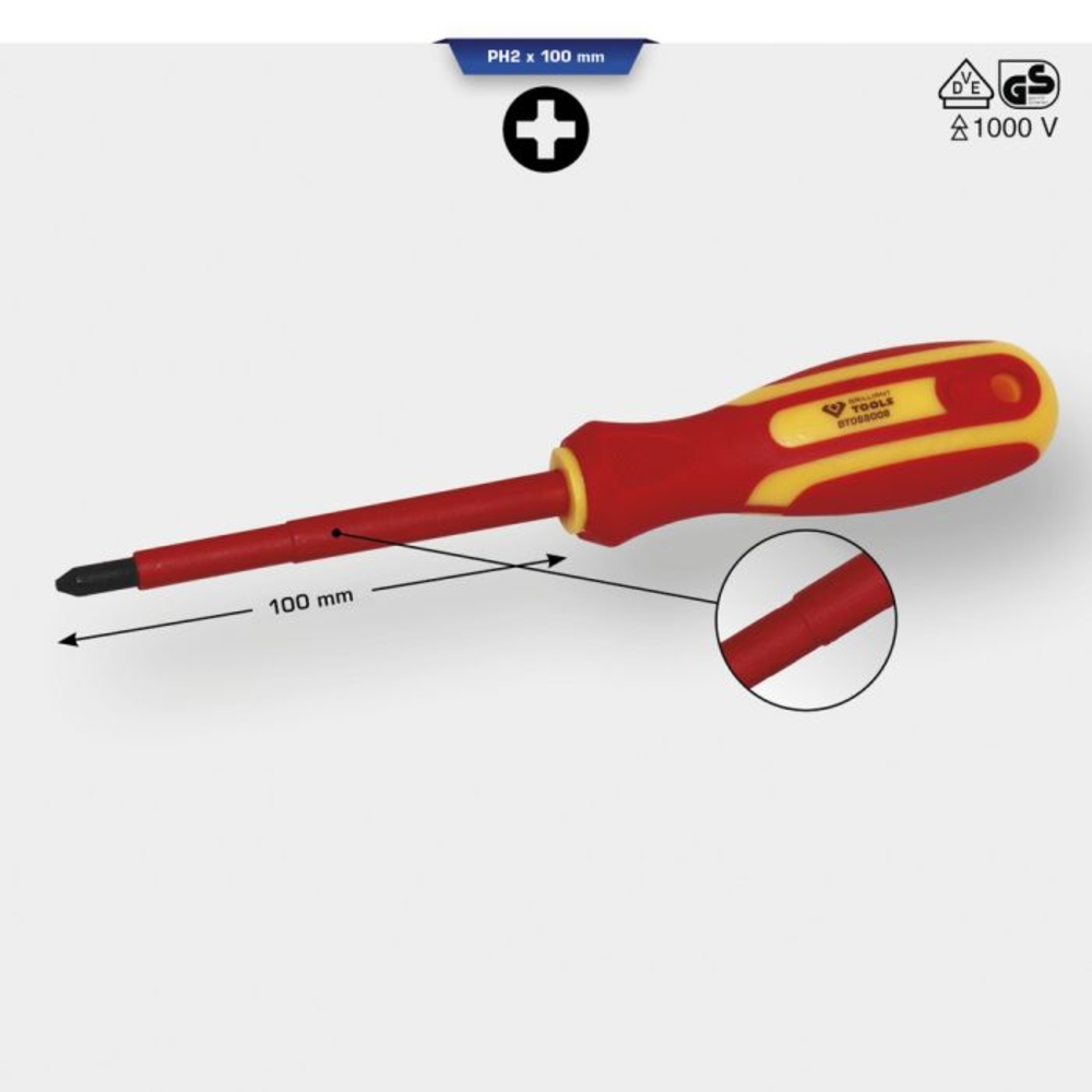 Tournevis isolé PHILLIPs PH2, L100mm BRILLIANT TOOLS - KS TOOLS - BT068008