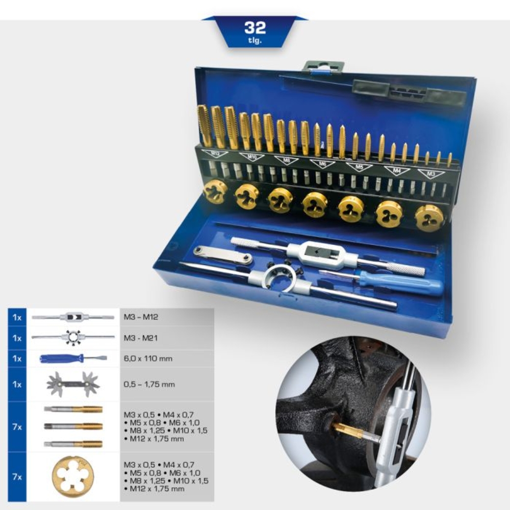 Jeu de tarauds et filières TiN 32 pcs BRILLIANT TOOLS - KS TOOLS - BT101950
