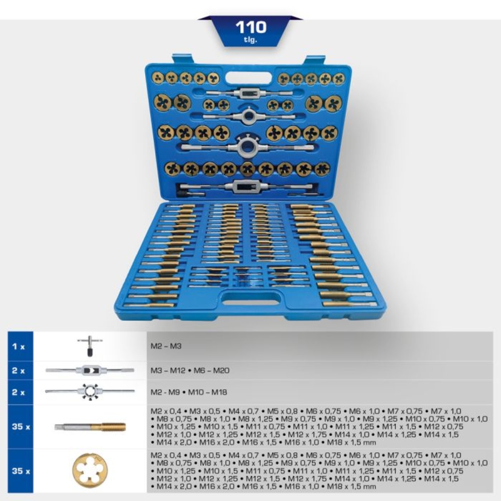 Jeu de tarauds et filières TiN 110 pcs BRILLIANT TOOLS - KS TOOLS - BT101985