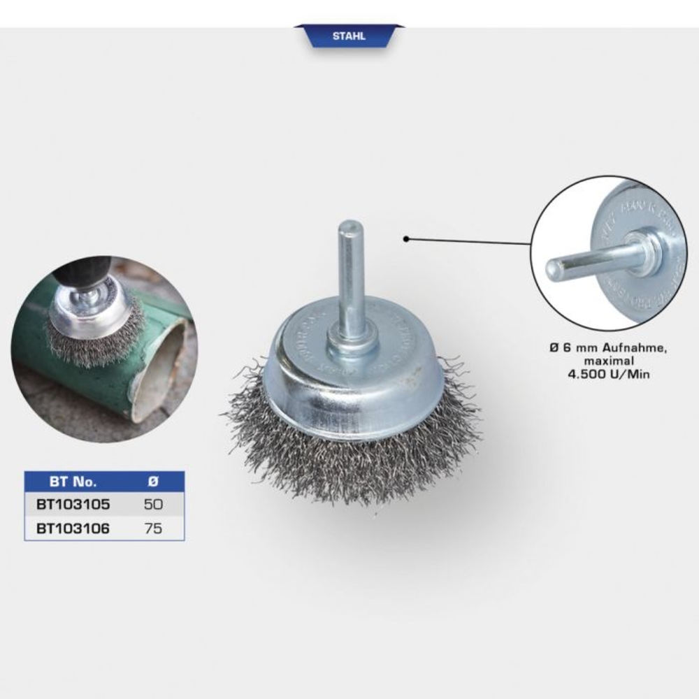 Brosse boisseau D50mm queue de serrage 6mm BRILLIANT TOOLS - KS TOOLS - BT103105