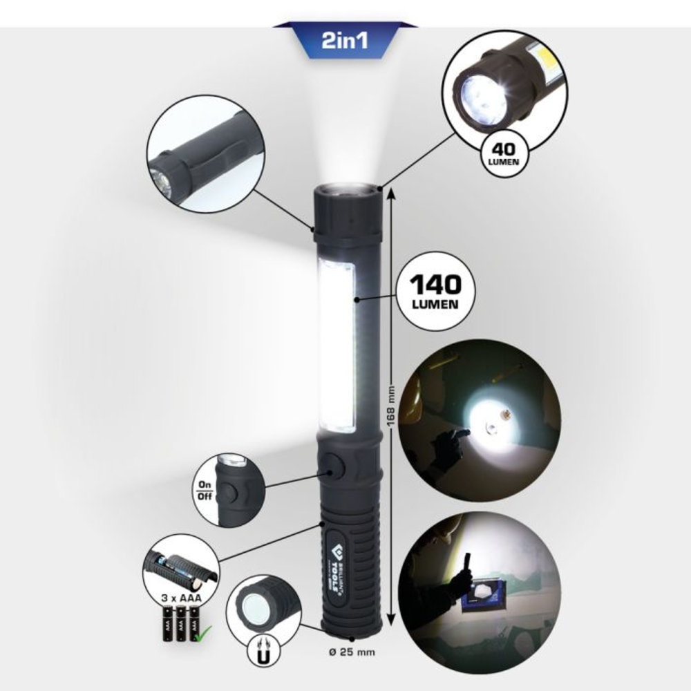 Lampe de poche à LED COB 2 en 1 140 Lumens BRILLIANT TOOLS - KS TOOLS - BT130910
