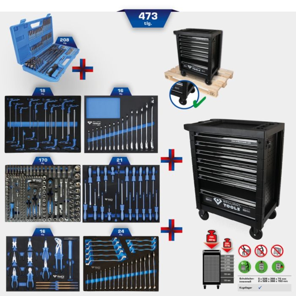 Servante d'atelier 7 tiroirs équipée de 473 outils BRILLIANT TOOLS - KS TOOLS - BT153473