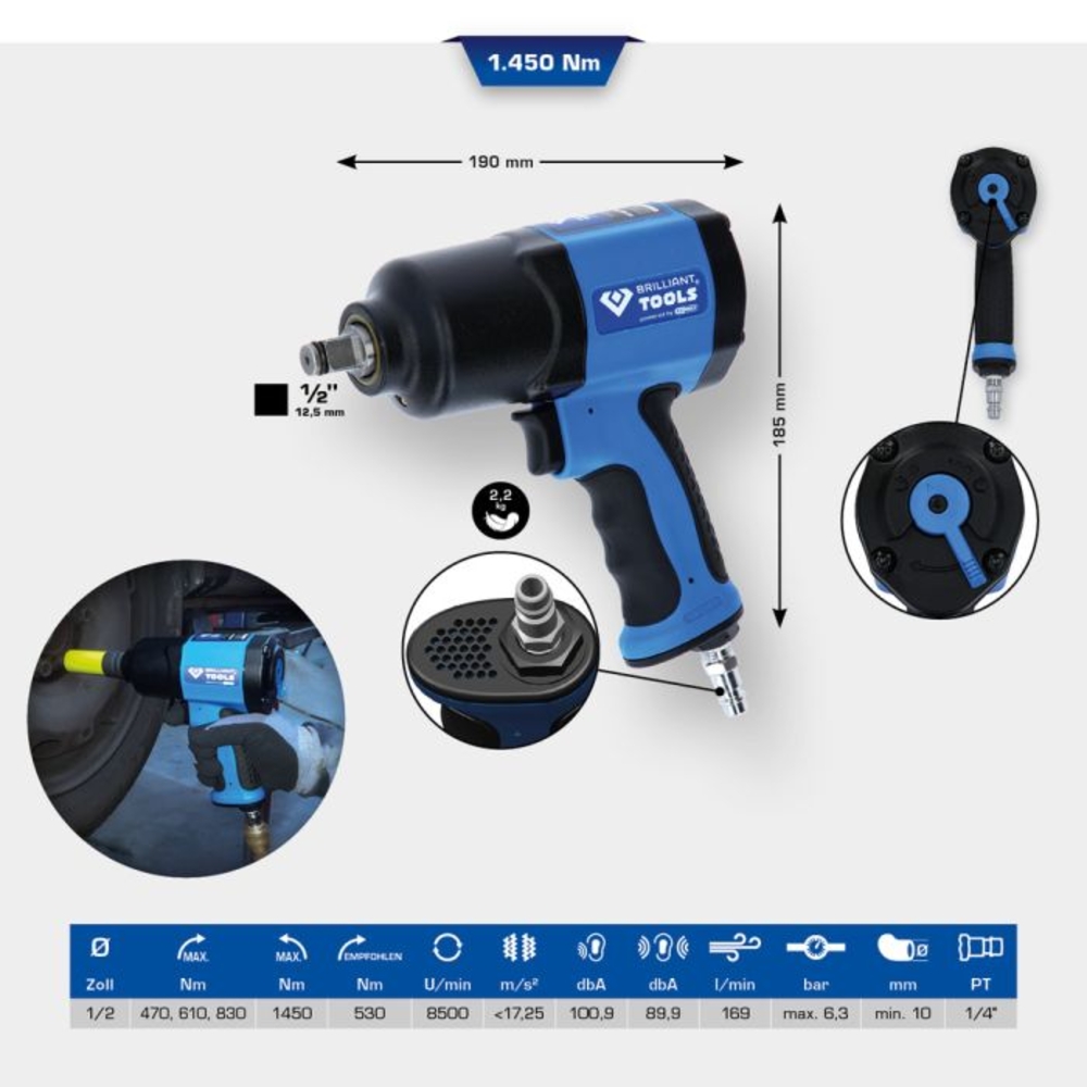 Clé à chocs pneumatique 1/2’’, 1450Nm BRILLIANT TOOLS - KS TOOLS - BT160100