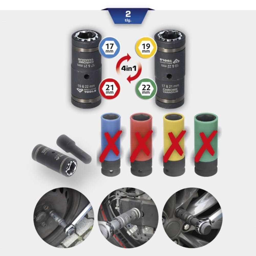 Jeu de douilles à chocs 4 en 1, 17-21mm 19-22mm 2 pcs BRILLIANT TOOLS - KS TOOLS - BT691011