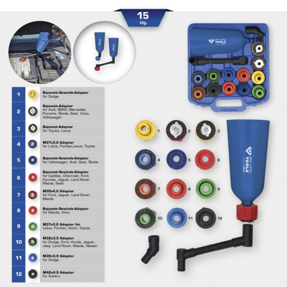 Coffret de remplissage d'huile avec adaptateurs et bras rotatif, universel 15 pcs BRILLIANT TOOLS - KS TOOLS - BT711110