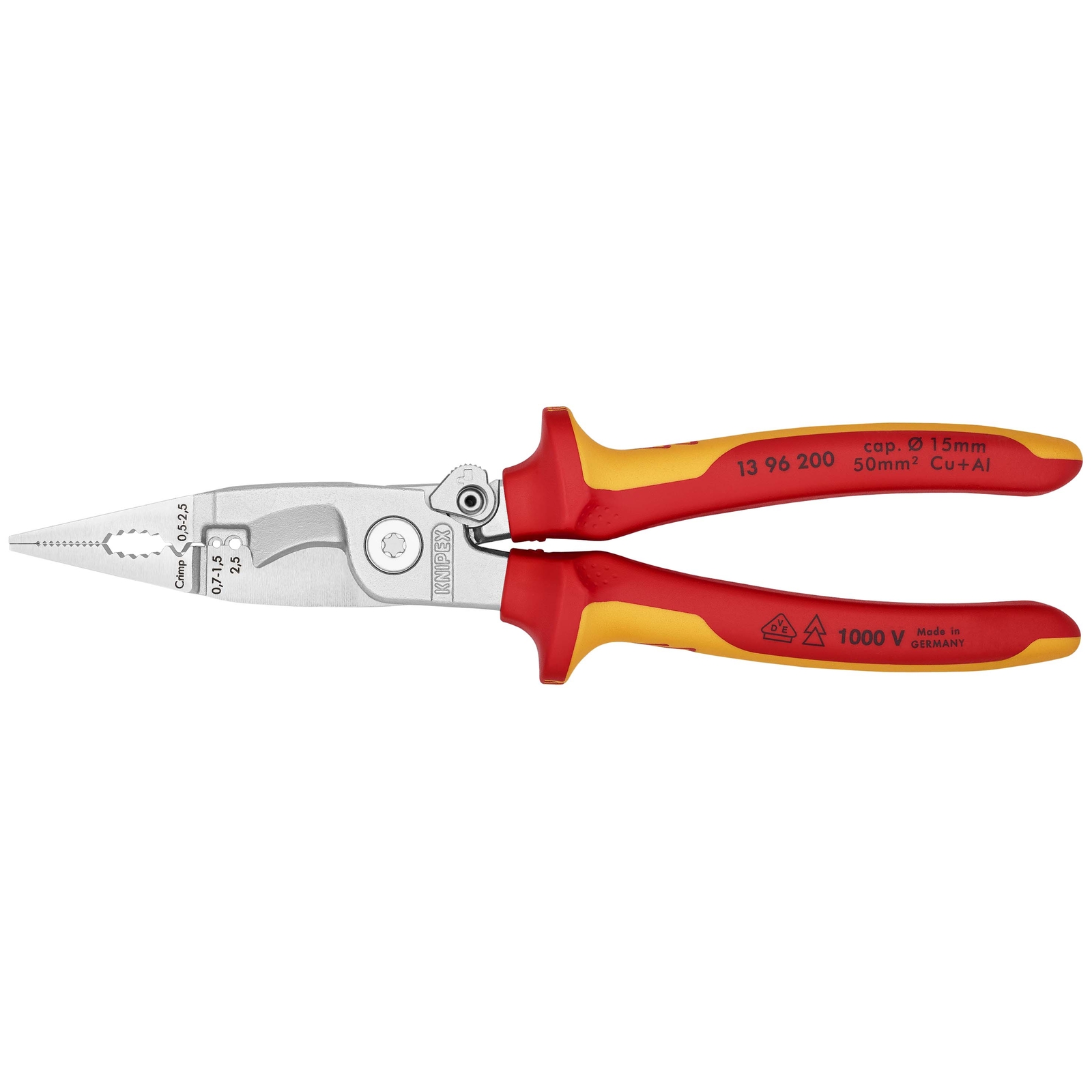 Pince multifonctions 6 outils en 1 - 200mm - Bi-matière - Chromé 1000V Loquet SC KNIPEX - 1396200SB