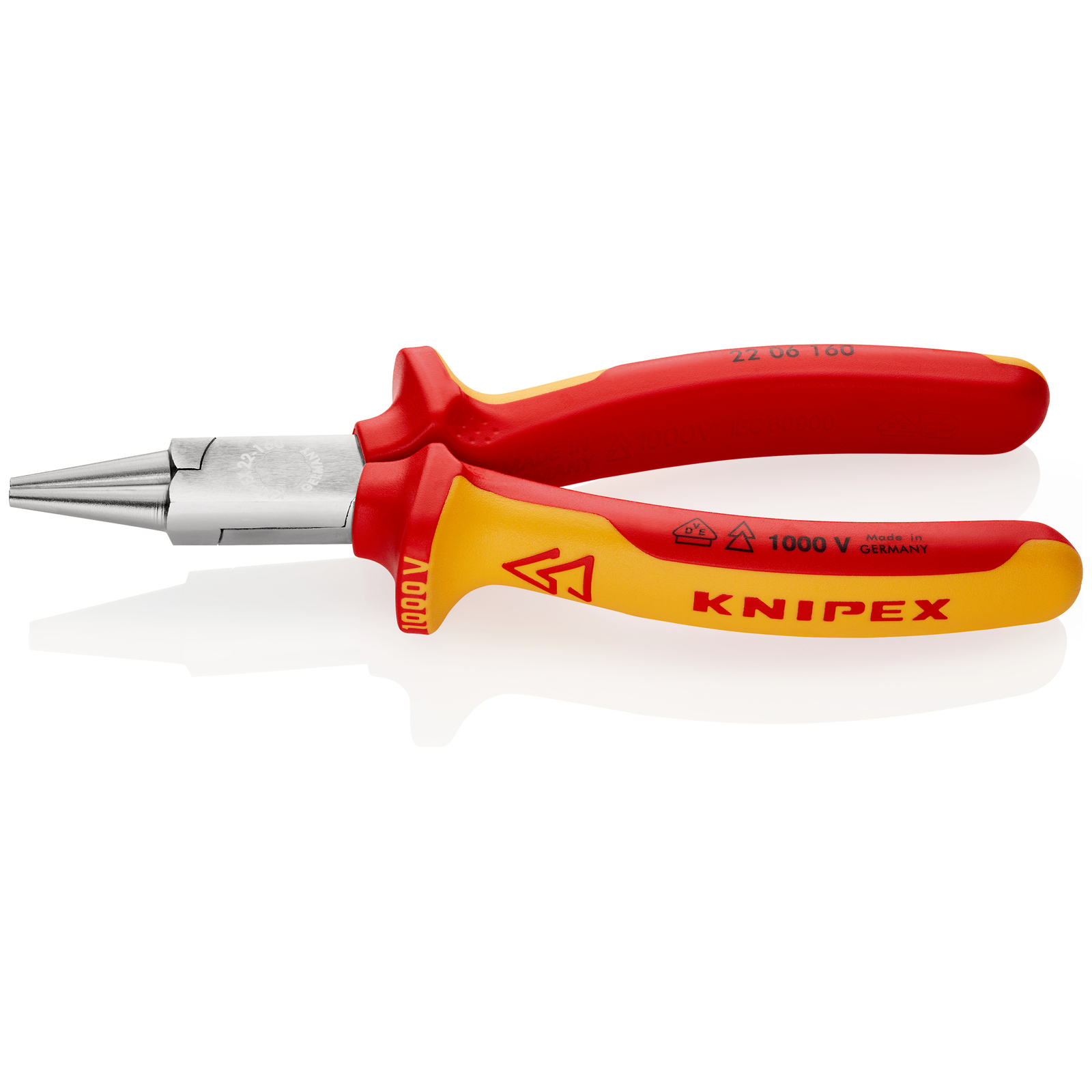 Pince à becs courts et ronds 160mm - Bi-matière - Chromée - 1000V Pointes lisses KNIPEX - 2206160