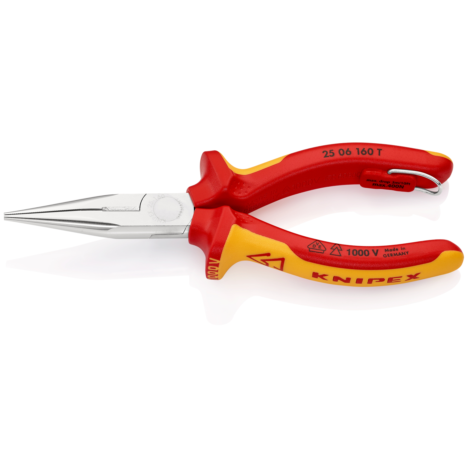 Pince becs 1/2 ronds 160mm Tranchant 61HRC Bi-matière Chromée 1000V Antichute SC KNIPEX - 2506160TBK