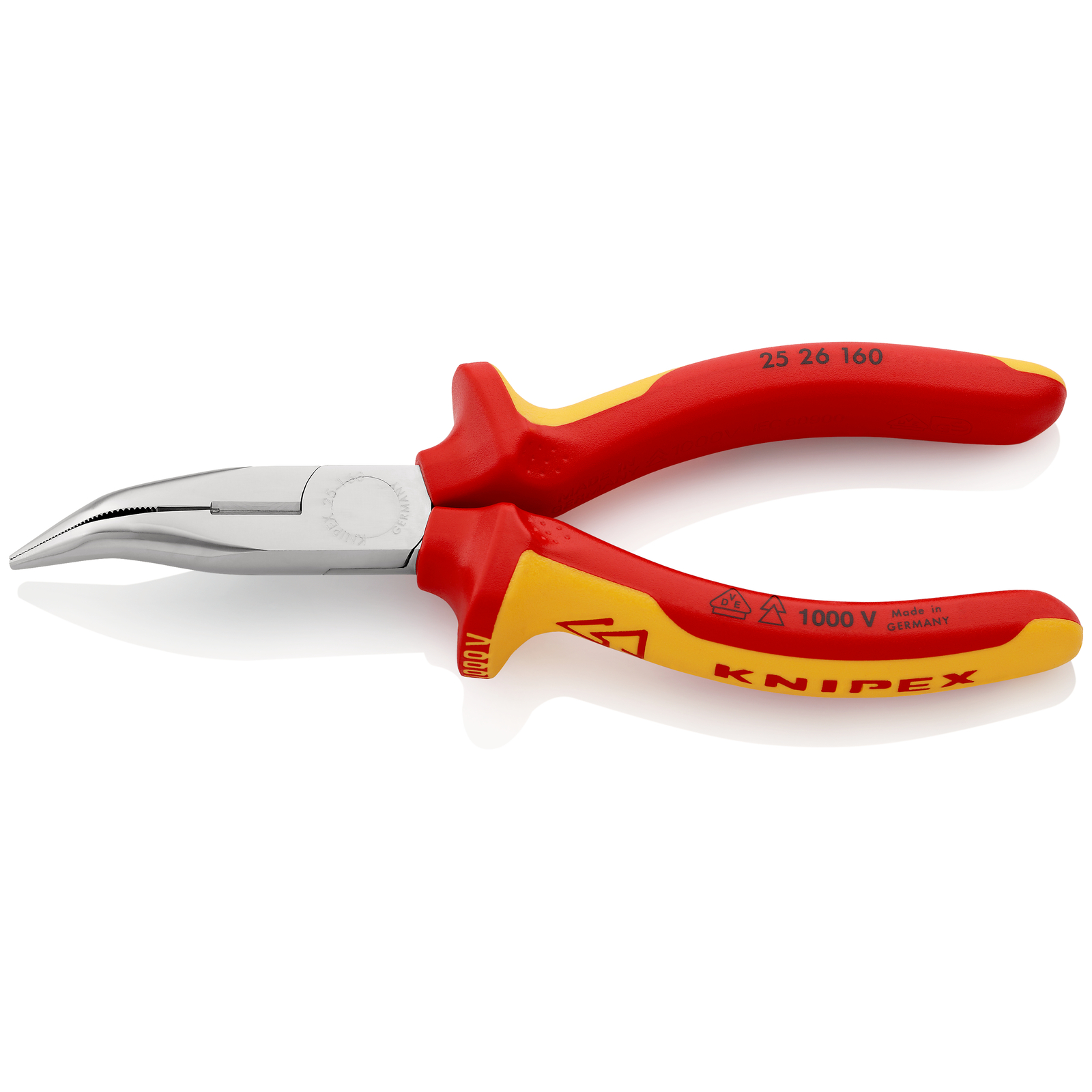 Pince becs demi-ronds 160mm coudés 40° Tranchant 61HRC Bi-matière Chromée 1000V KNIPEX - 2526160