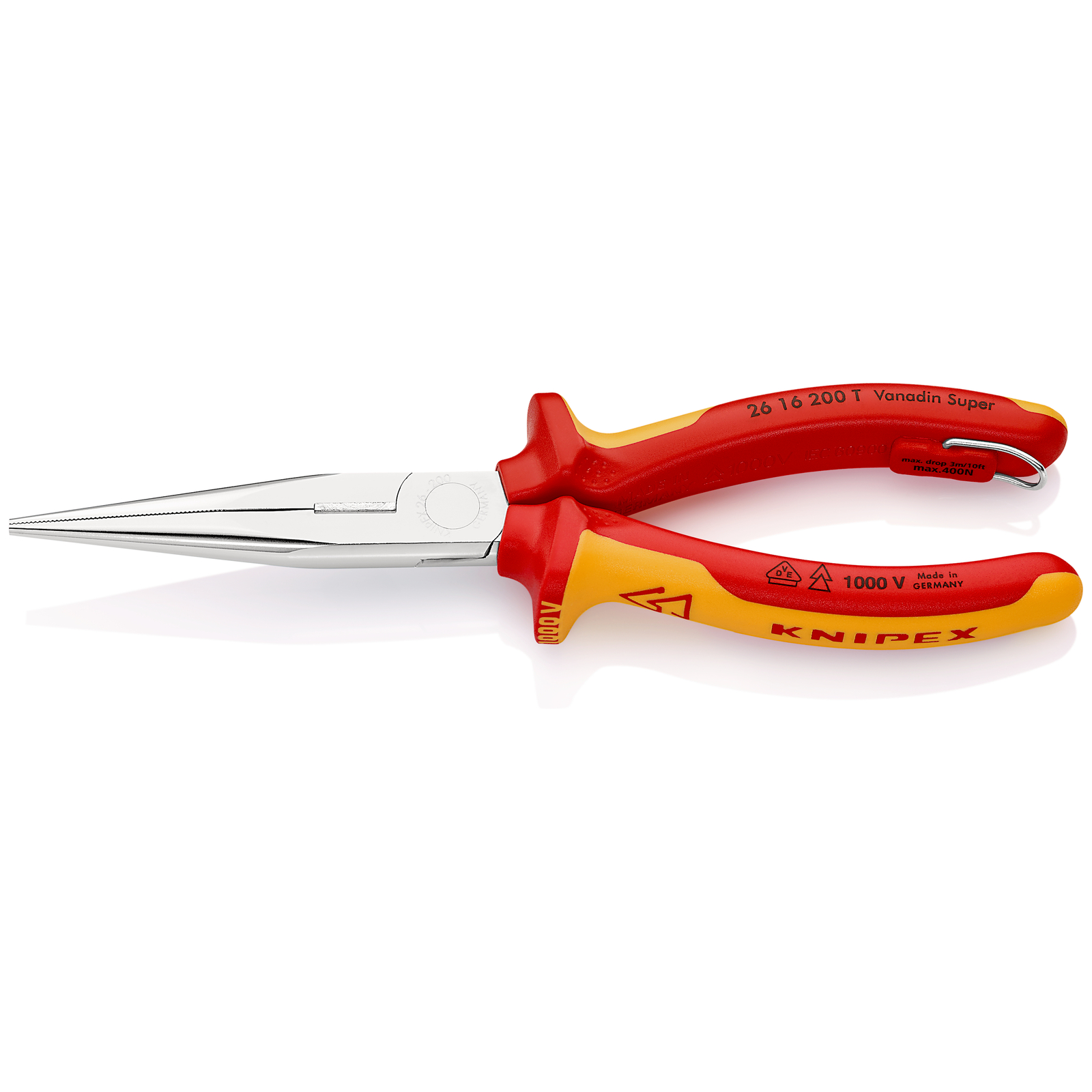 Pince becs demi-ronds 200mm tranchant 61HRC Bi-matière Chromée 1000V Antichute KNIPEX - 2616200T