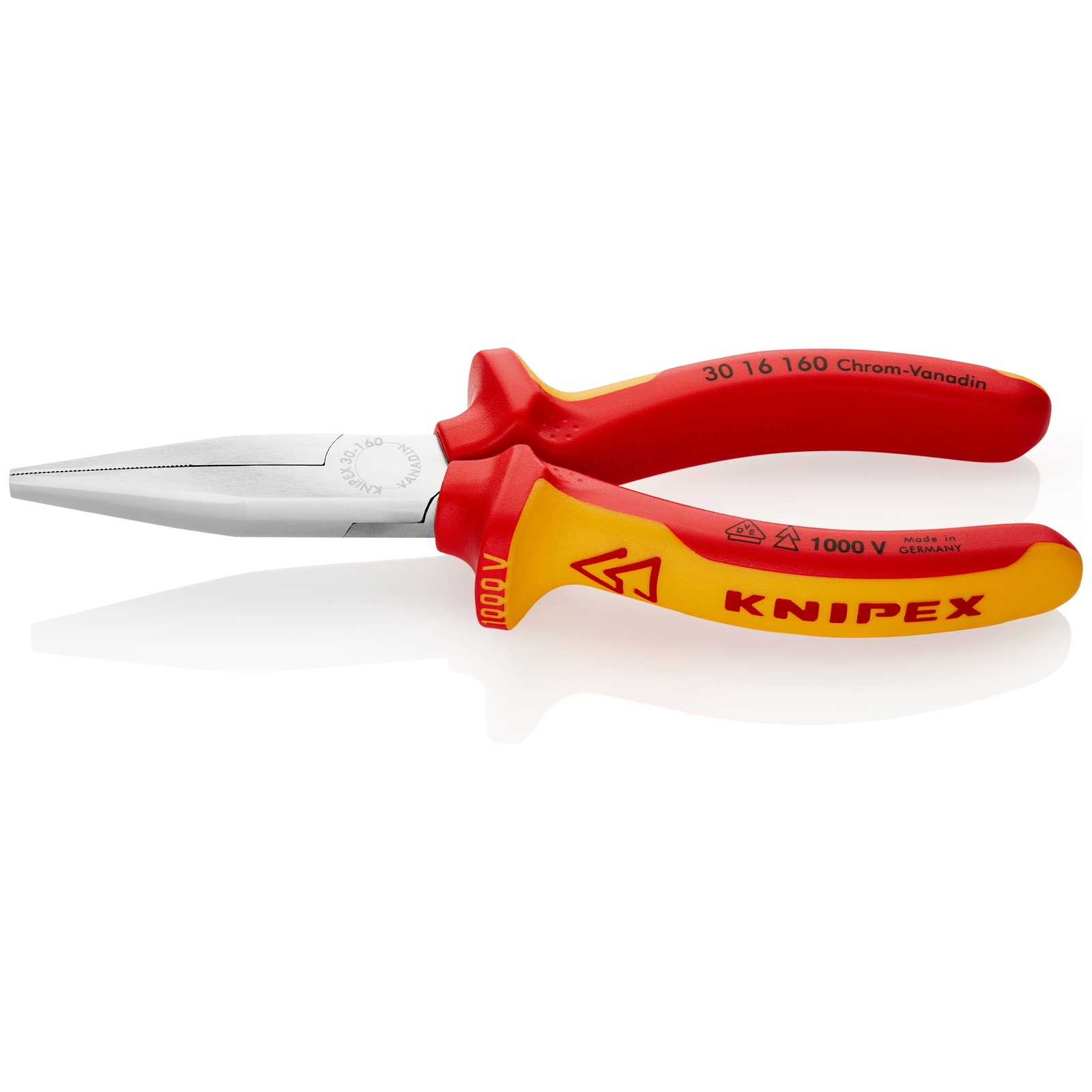 Pince à becs longs avec becs plats 160mm - Gainage bi-matière - Chromée - 1000V KNIPEX - 3016160