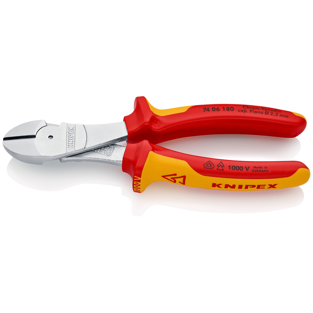 Pince coupante démultipliée 180mm - Gainage bi-matière - Chromée - Isolée 1000V KNIPEX - 7406180SB