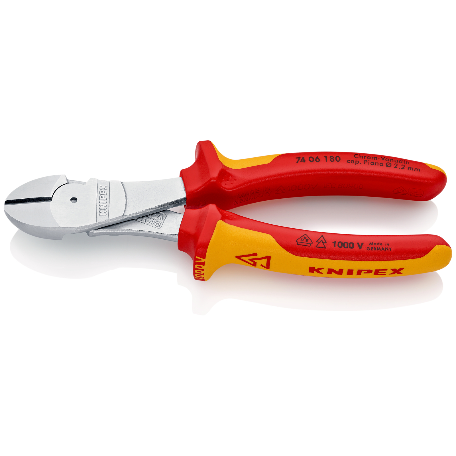 Pince coupante forte démultiplication 180mm - Bi-matière - Chromée - 1000V - SC KNIPEX - 7406180SB