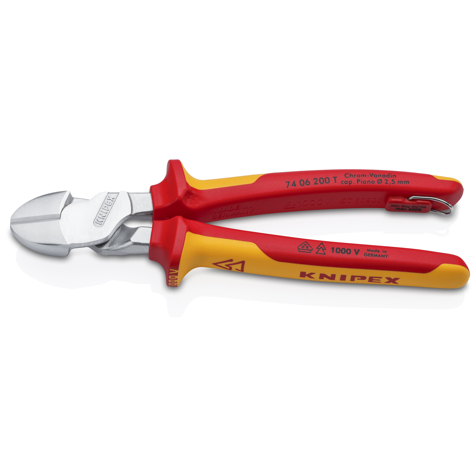 Pince coupante forte démultiplication 200mm - Bi-mat Chromée 1000V Antichute SC KNIPEX - 7406200TBK