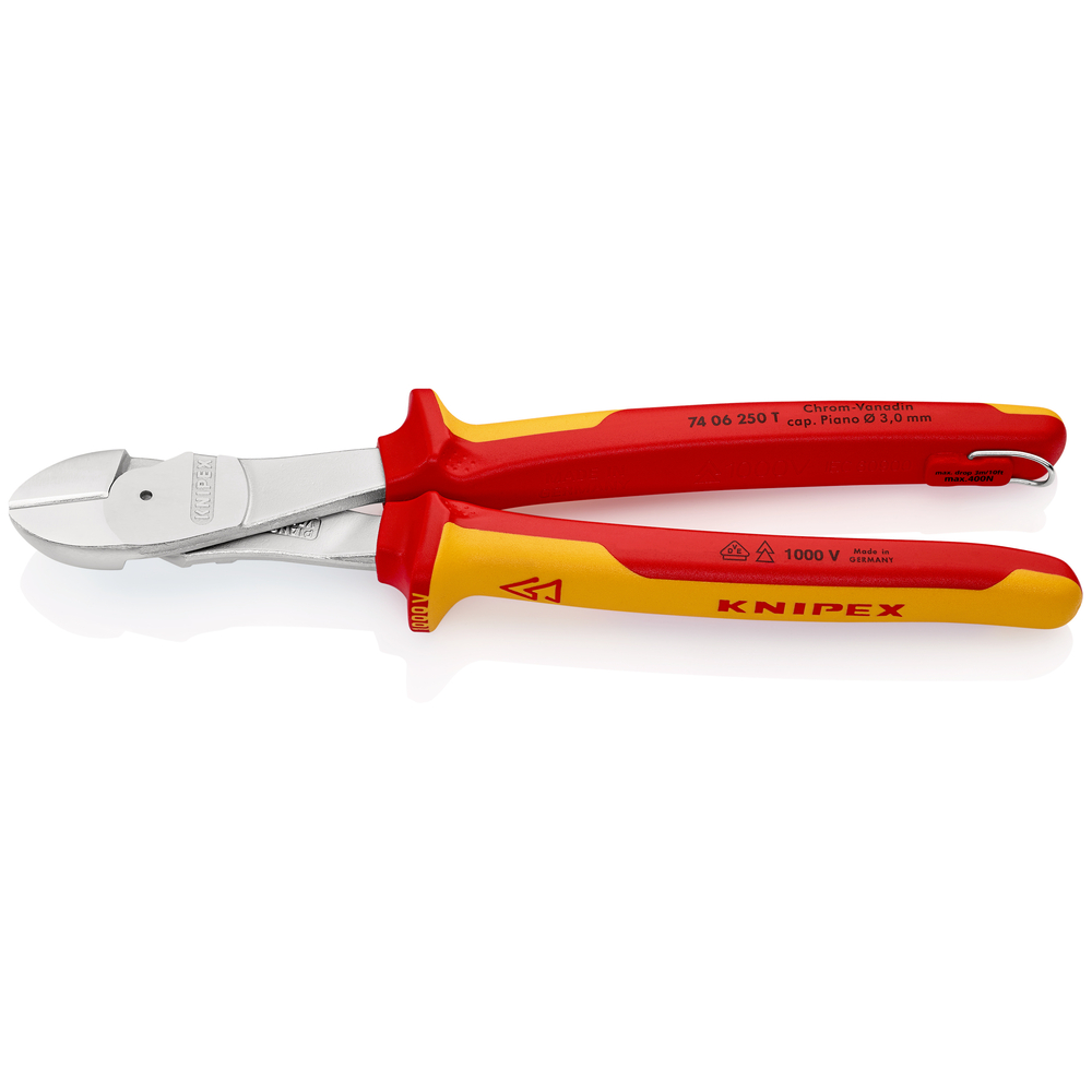 Pince coupante démultipliée 250mm - Chromée - Isolée 1000V - Œillet antichute KNIPEX - 7406250TBK