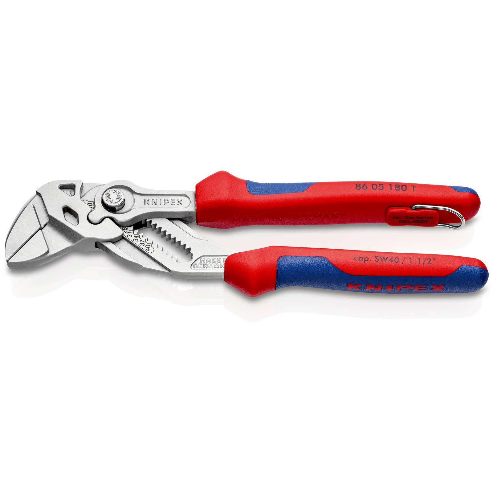 Pince-clé 180mm - Bi-matière - Chromée - Œillet Antichute - Ouverture 40mm KNIPEX - 8605180T