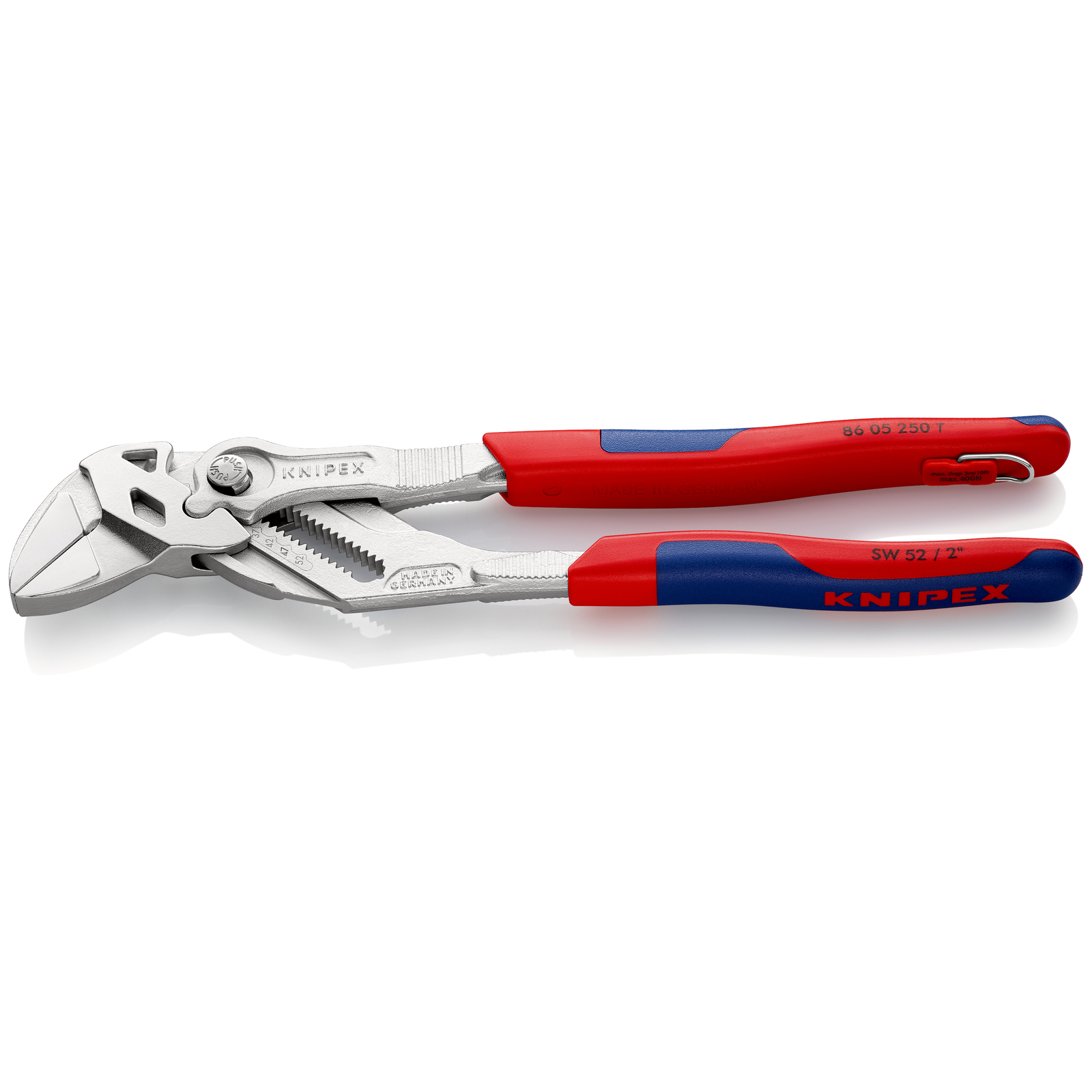 Pince-clé 250mm - Bi-matière - Chromée - Œillet antichute - Ouverture 52mm KNIPEX - 8605250T