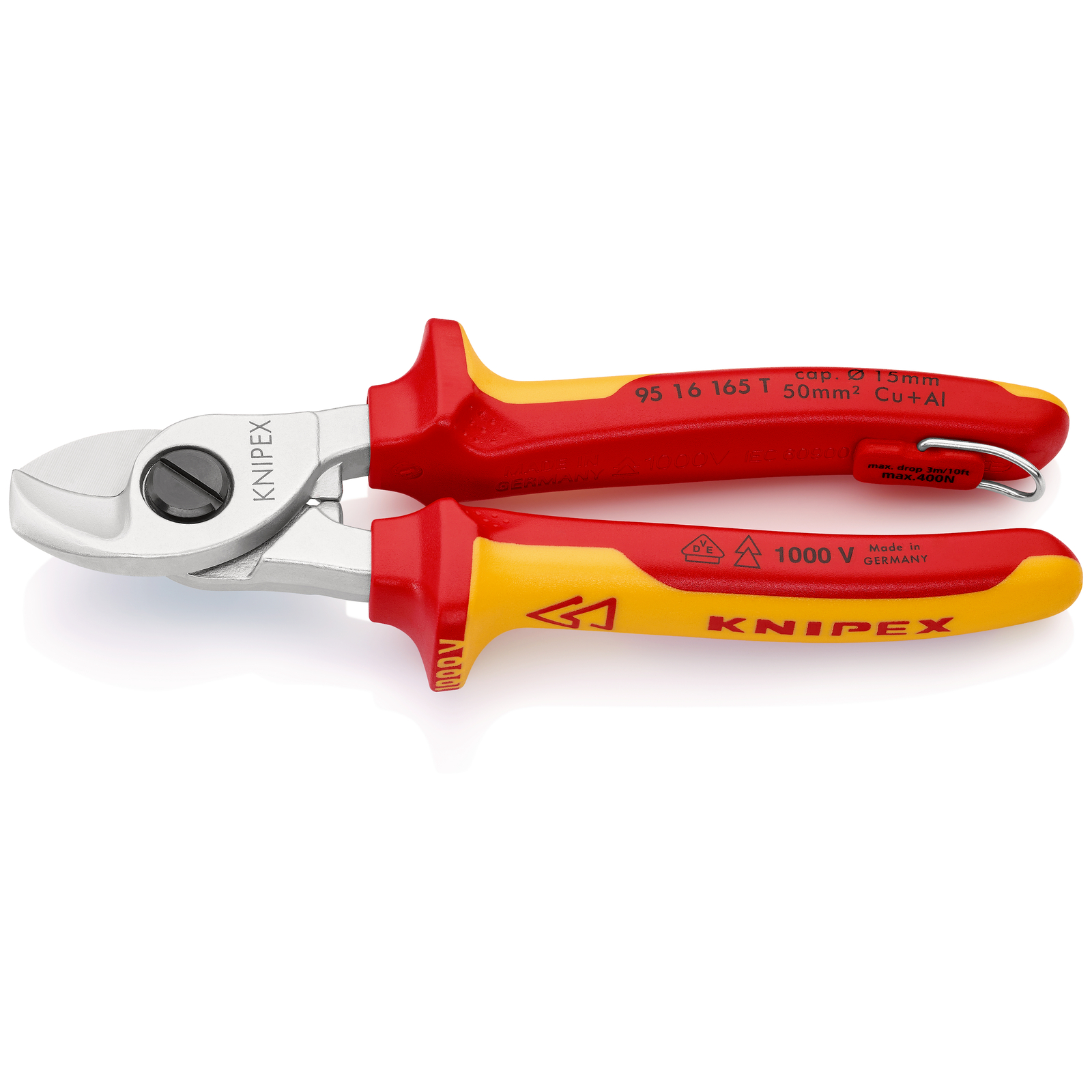 Coupe-câbles 165mm - D15mm/50mm² Cu/Al - Chromé - Isolé 1000V - illet antichute KNIPEX - 9516165TBK
