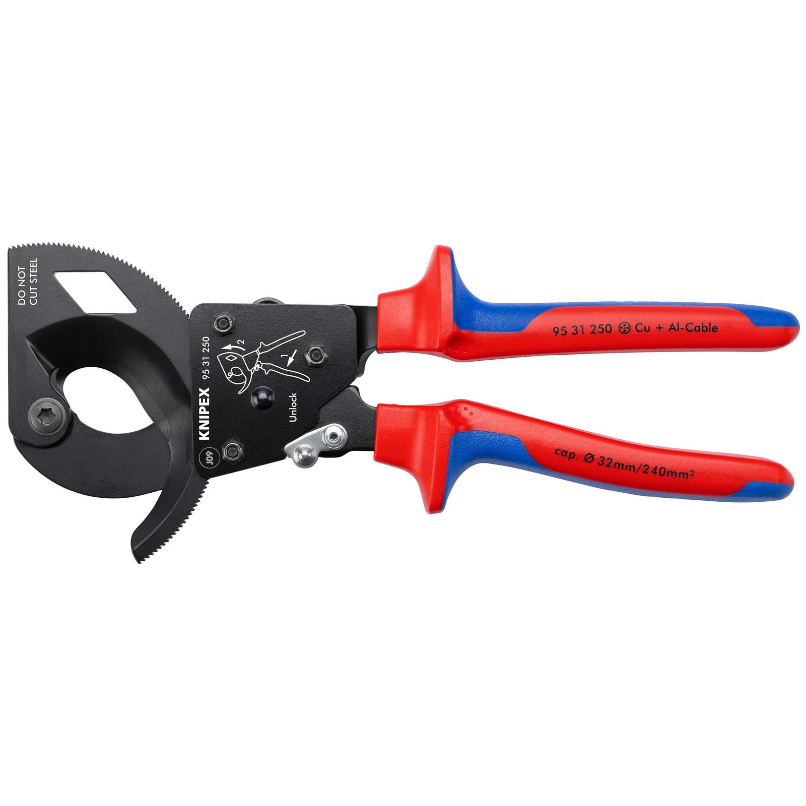 Coupe-câbles à cliquet 250mm - Cu/Al D32mm/240mm² - Gainage bi-matière KNIPEX - 9531250