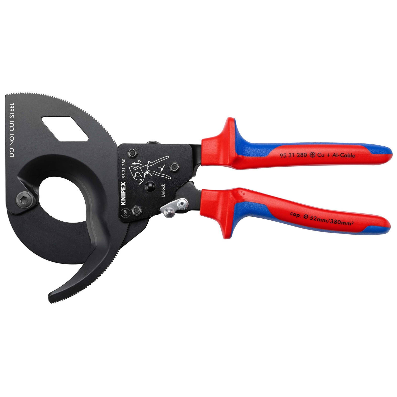 Coupe-câbles à cliquet 280mm - Cu/Al D52mm/380mm² - Gainage bi-matière KNIPEX - 9531280