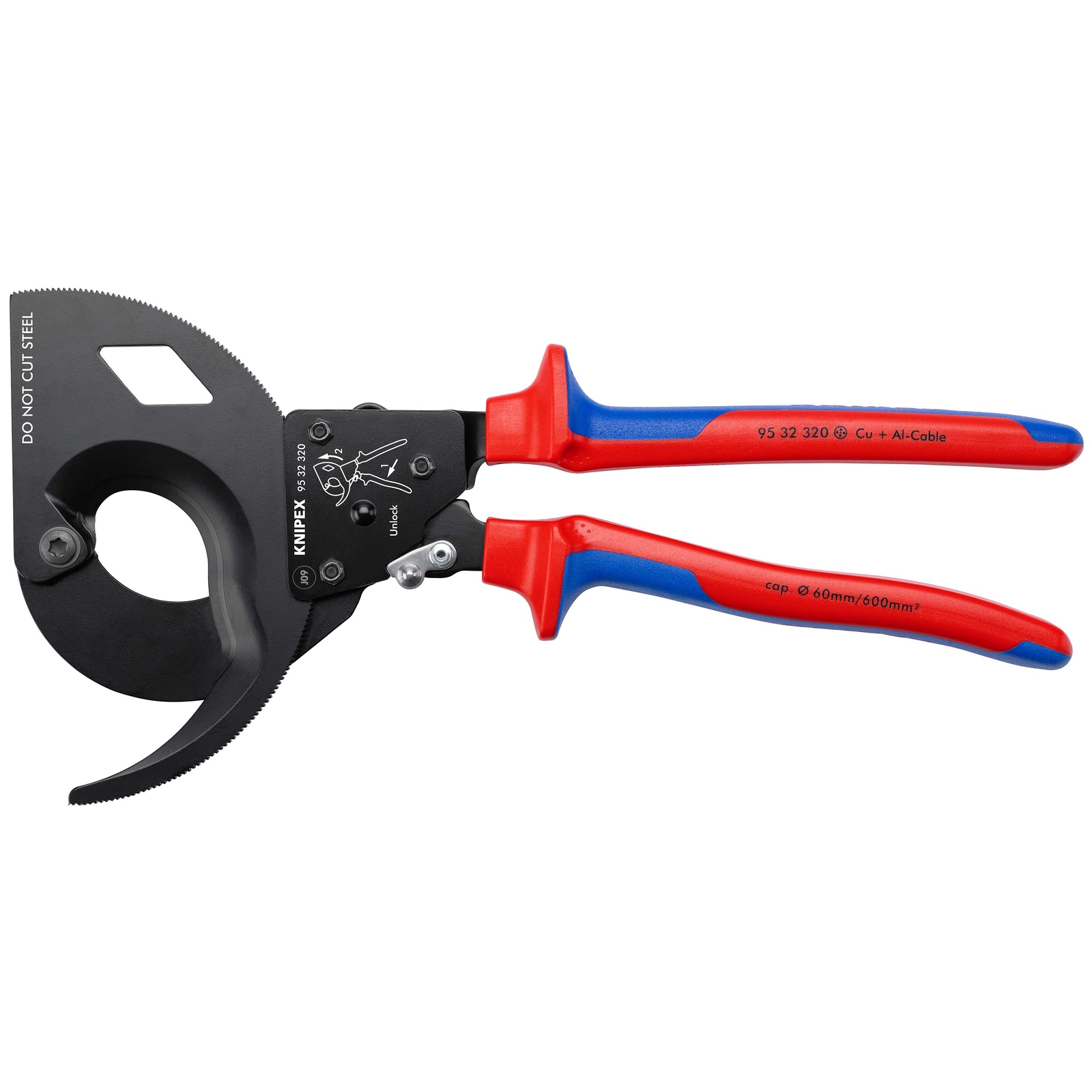 Coupe-câbles à cliquet 320mm - Cu/Al D60mm/600mm² - Gainage bi-matière KNIPEX - 9532320