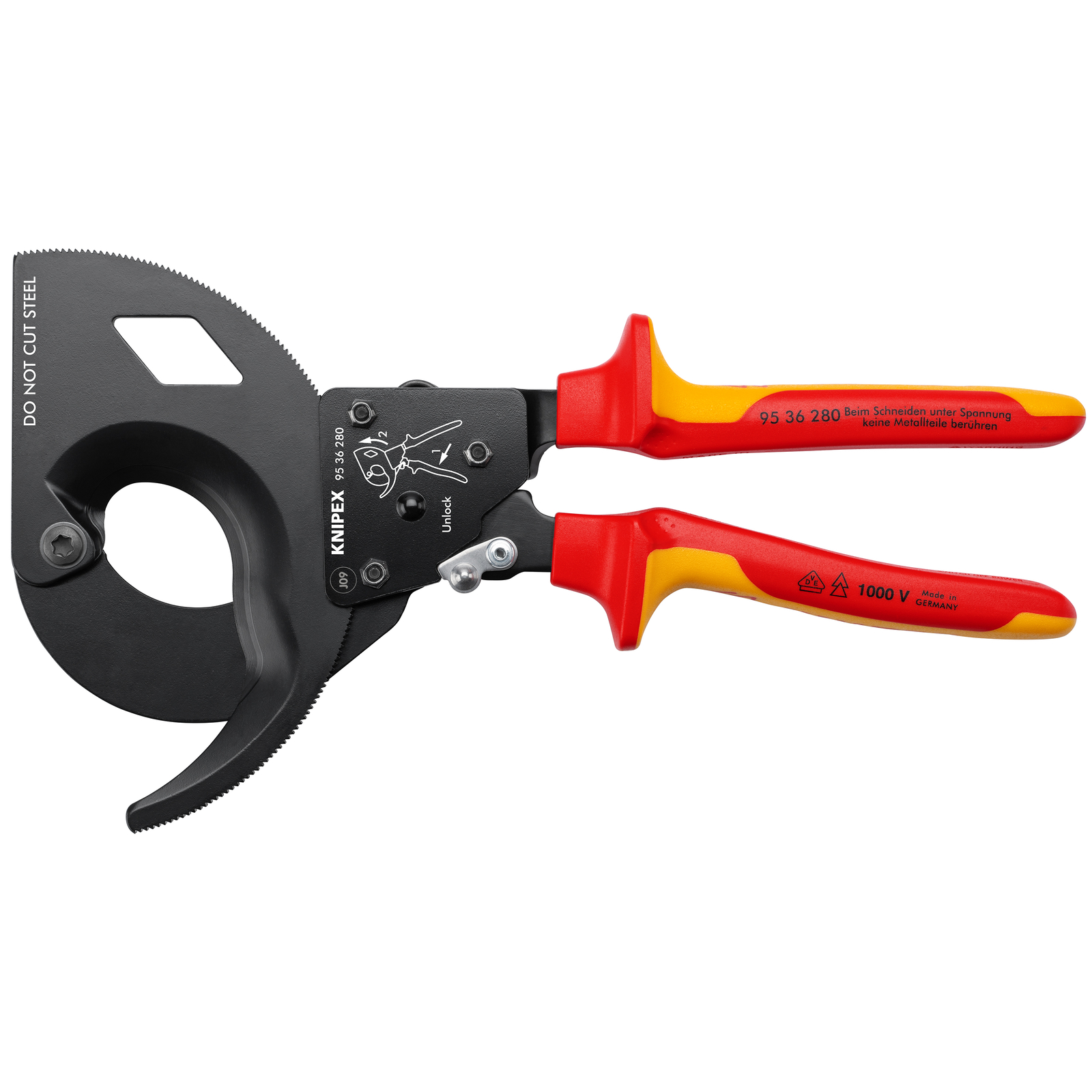 Coupe-câbles à cliquet 280mm - Cu/Al D52mm/380mm² - Gainage isolé 1000V KNIPEX - 9536280