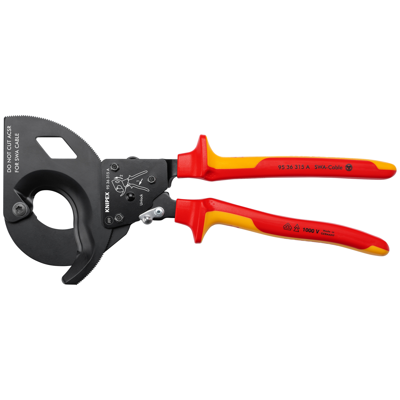 Coupe-câbles à cliquet 315mm - Câbes SWA D45mm/380mm² - Gainage Isolé 1000V KNIPEX - 9536315A
