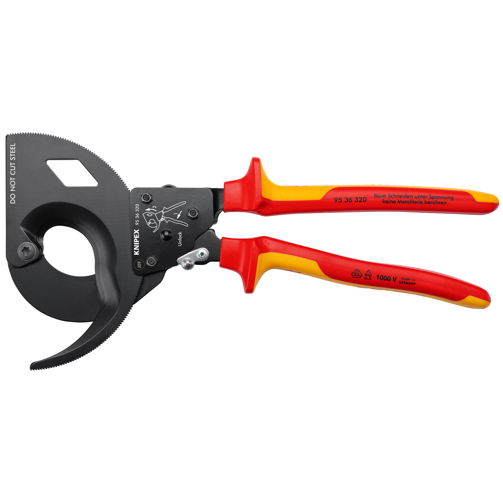 Coupe-câbles à cliquet 320mm - Cu/Al D60mm/600mm² - Gainage isolé 1000V KNIPEX - 9536320