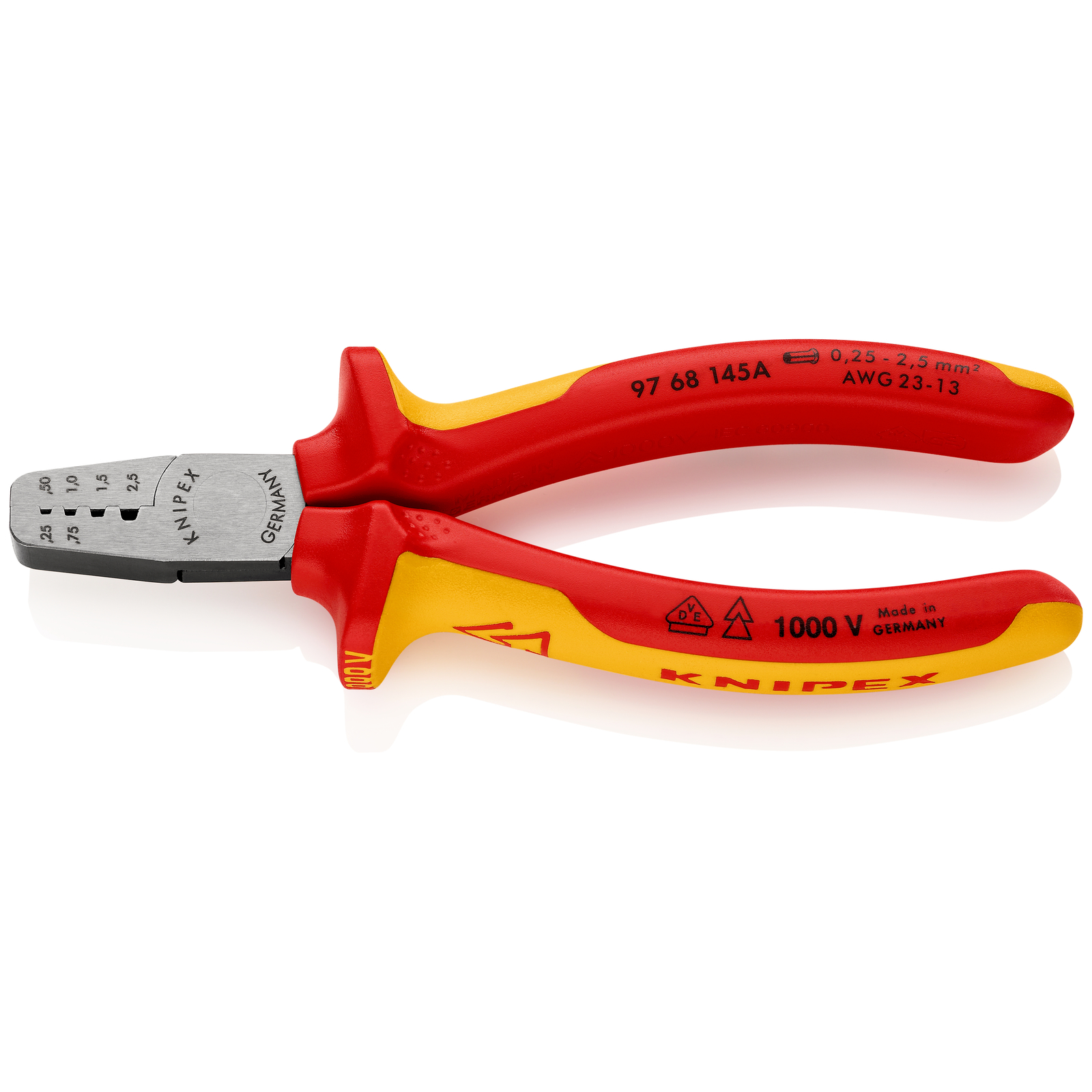 Pince à sertir les embouts 145mm - Isolée 1000V - 0,25 - 2,5mm² KNIPEX - 9768145A