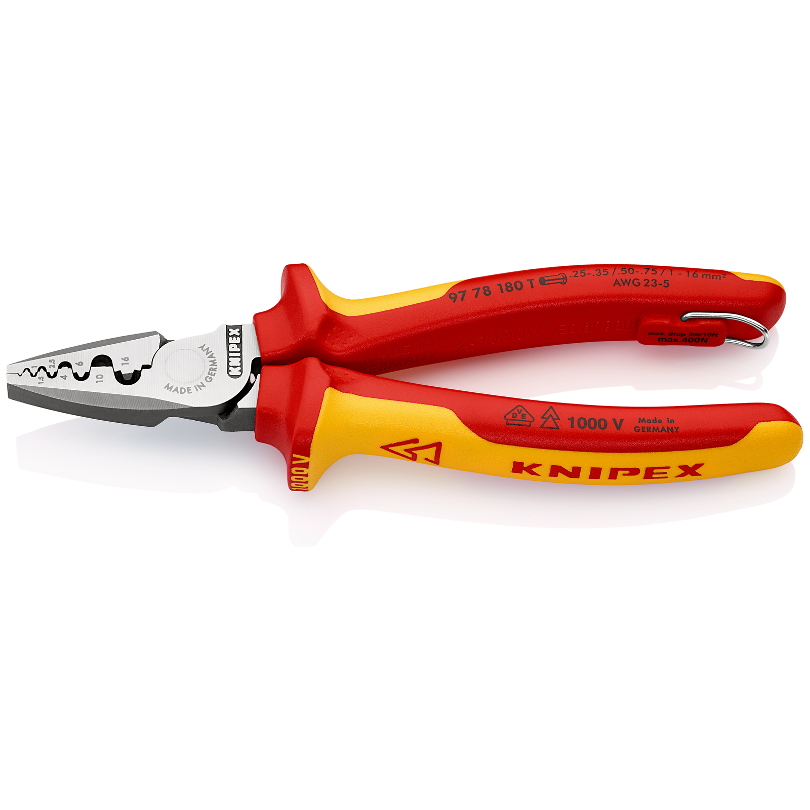 Pince à sertir les embouts 180mm - Gainage isolé 1000V - illet antichute KNIPEX - 9778180T