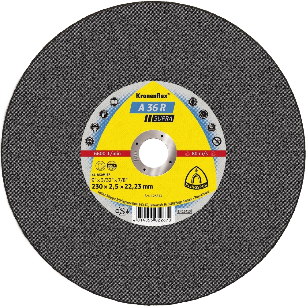 25 Disques à tronçonner KT SUPRA A36R S GER 230X2,5X22,23 KLINGSPOR - 123833